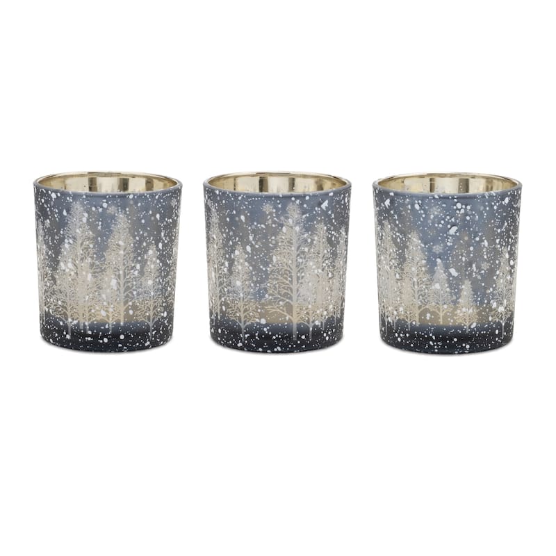 Navy Pine Tree Glass Votive Holder (Set of 3) - N/A