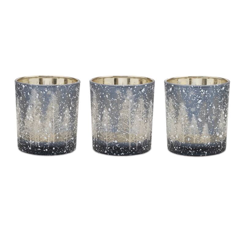 Glass Painted Votive Candle Holders Set with Pine Tree Design