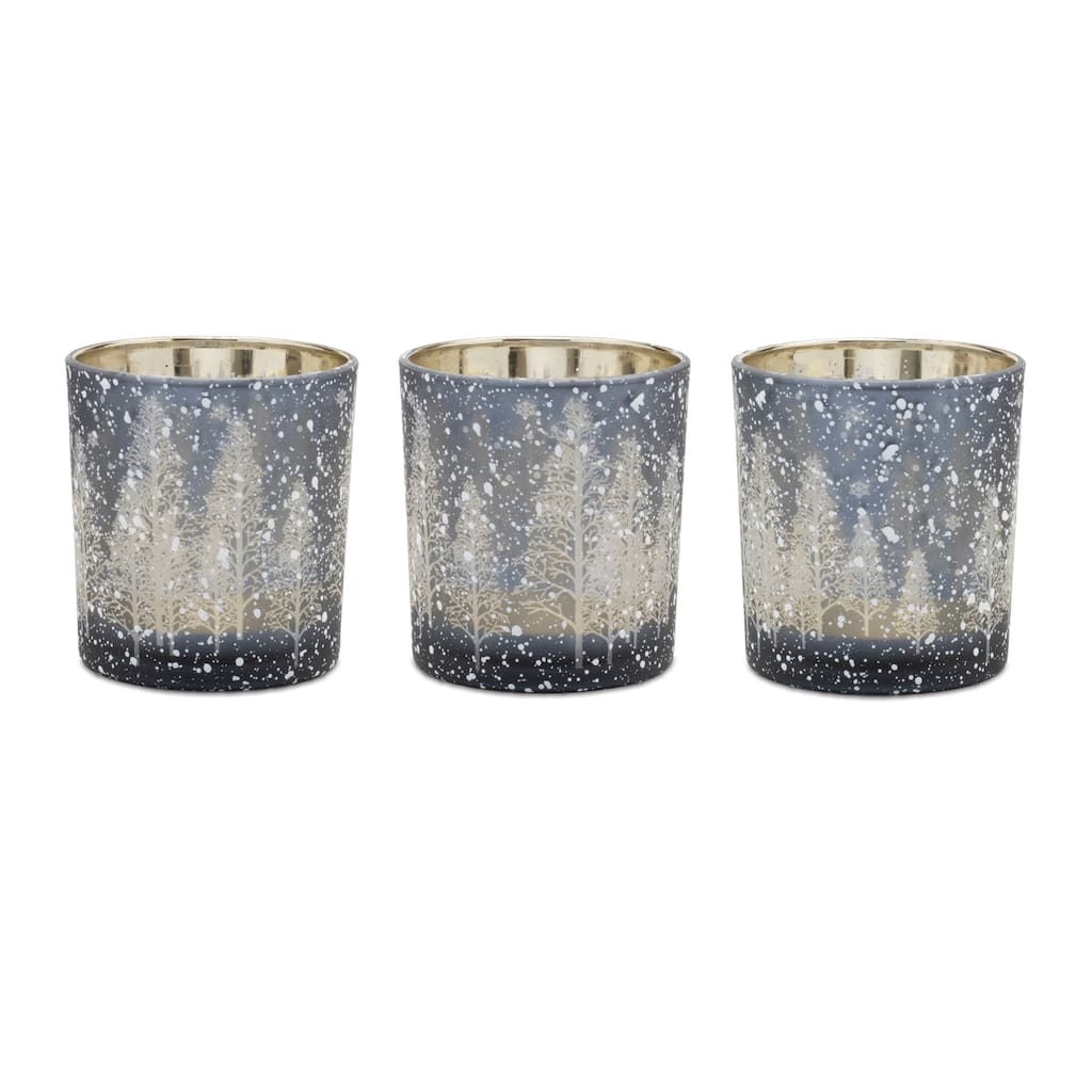 Glass Painted Votive Candle Holders Set with Pine Tree Design