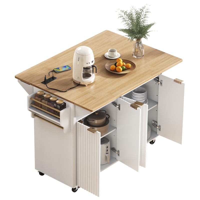 Anmytek Mobile Kitchen Island Cart with Drop Leaf Faux Marble Countertop and Storage