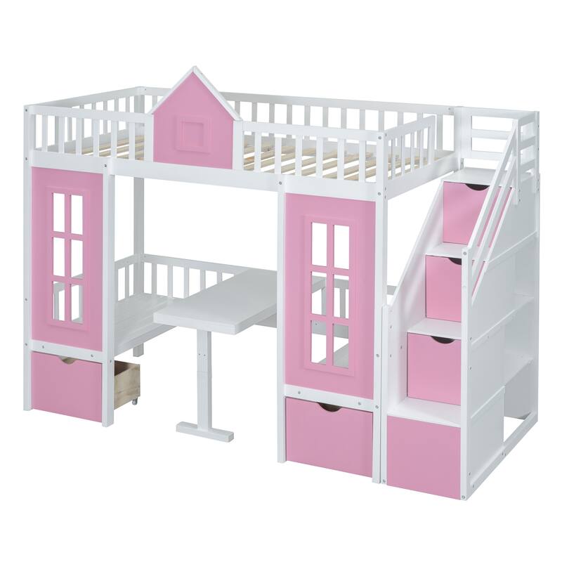 Convertible Twin-Over-Twin Bunk Bed with Desk, Pink