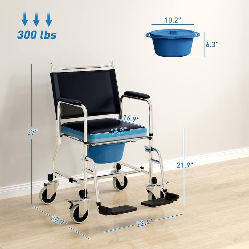 HOMCOM Rolling Shower Chair with Wheels, Bedside Commode Wheelchair with Padded Seat, Backrest, for Handicap