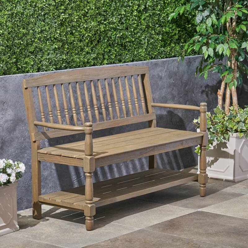 Roomfitters Wooden Outdoor Patio Bench with Slatted Backrest, Armrests, and Storage Shelf