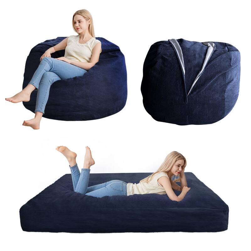 Giant Bean Bag, Corduroy Convertible Beanbag Folds from Lazy Chair to Floor Mattress Bed - Blue - Medium