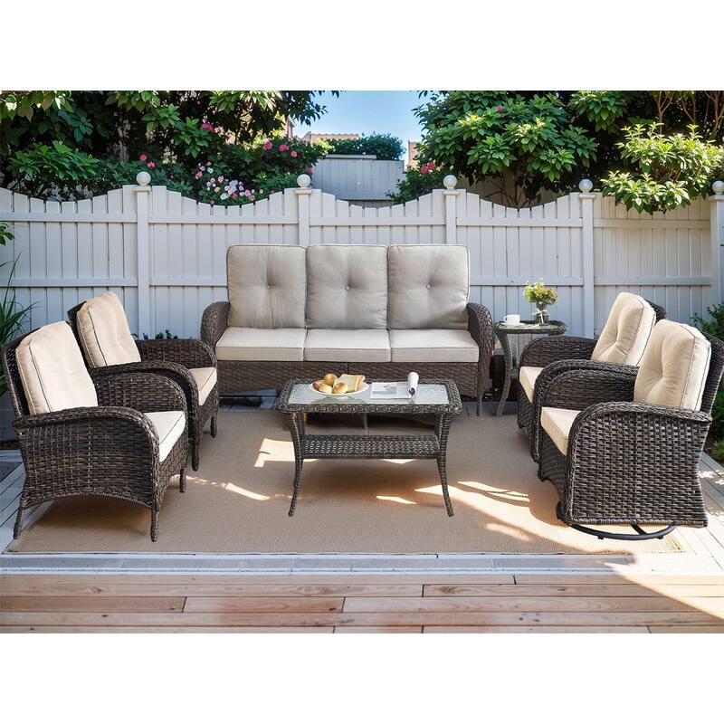 7-Piece Patio Sofa Wicker Swivel Rocking Chair Set - Beige - Brown