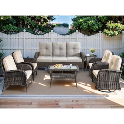 Outdoor Sofa with High Back Rattan Swivel Chair Set - Brown