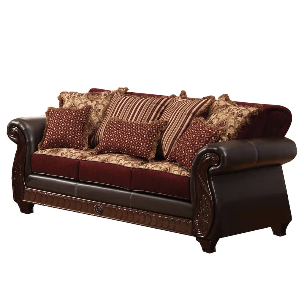 Fabric and Leatherette Sofa with Rolled Arms Design in Burgundy