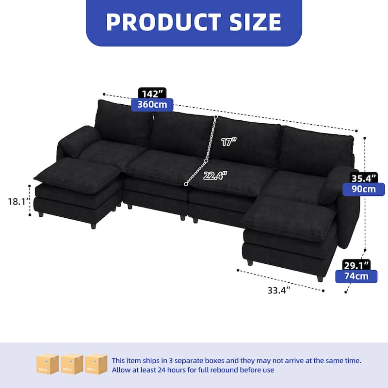142 Inch Modular Velvet Sectional Sofa with Movable Ottoman Pillow Armrest and Deep Seats for Living Room Apartment or Office