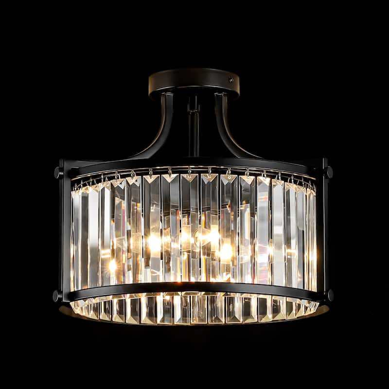 4-Light Modern Matte Black Drum Crystal Semi-Flush Mount Light - 14.76 in. W x 11.81 in. H