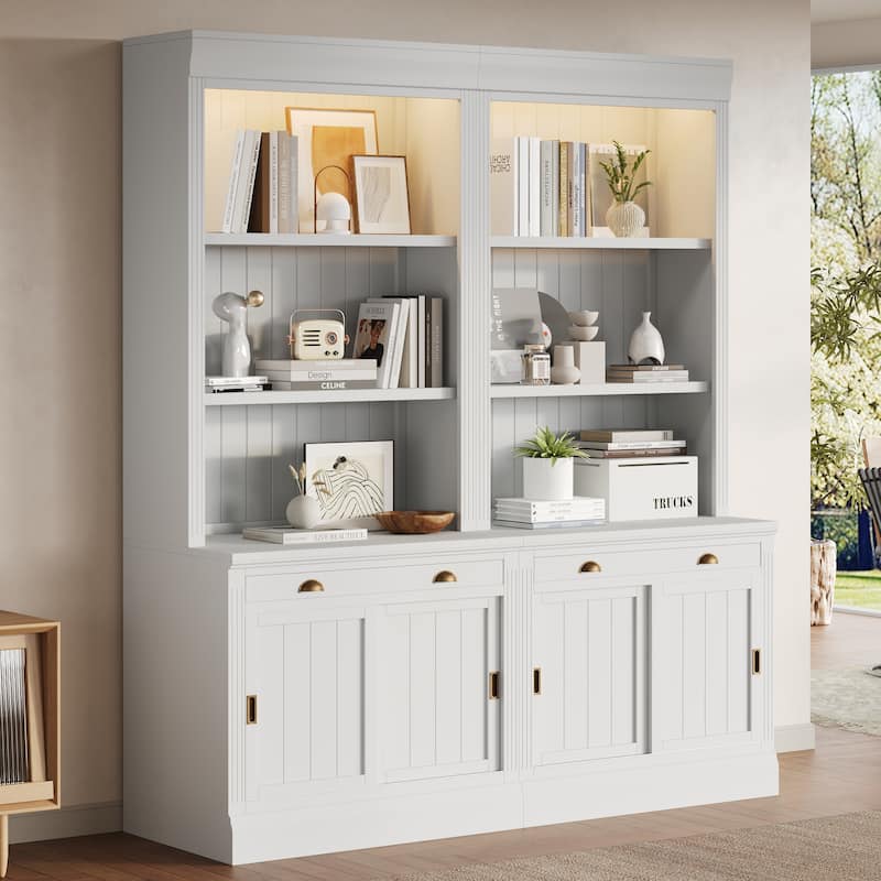 83.4"Tall Bookshelf Suite with LED Lighting, Modern Bookcase Suite with Sliding Doors