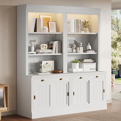 83.4"Tall Bookshelf Suite with LED Lighting, Modern Bookcase Suite with Sliding Doors
