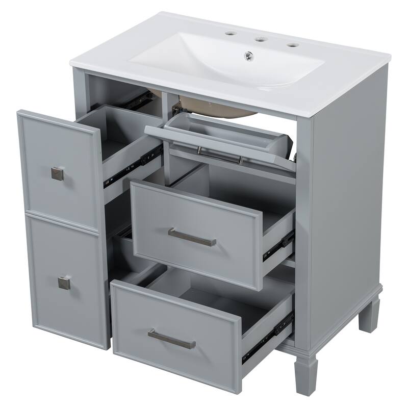 Freestanding Bathroom Vanity with Ceramic Sink & Storage Drawers, 30 Inch Vanity Set