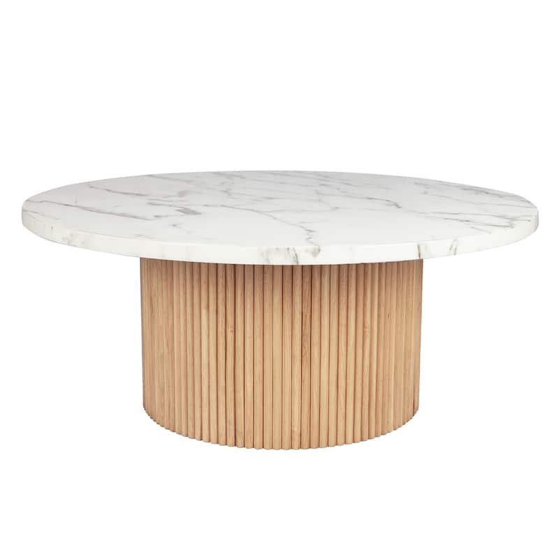 Modern Round Coffee Table with Solid Wood Fluted Design
