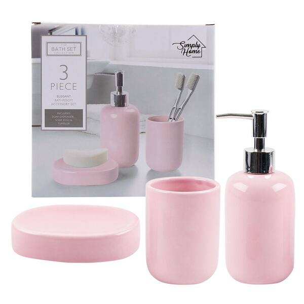 Cushionmania Set 4 Accessori Bagno Damascati – Portasapone, Dispenser, Bicchiere E Portaspazzolino, Rosa/bianco, Acrilico - 2