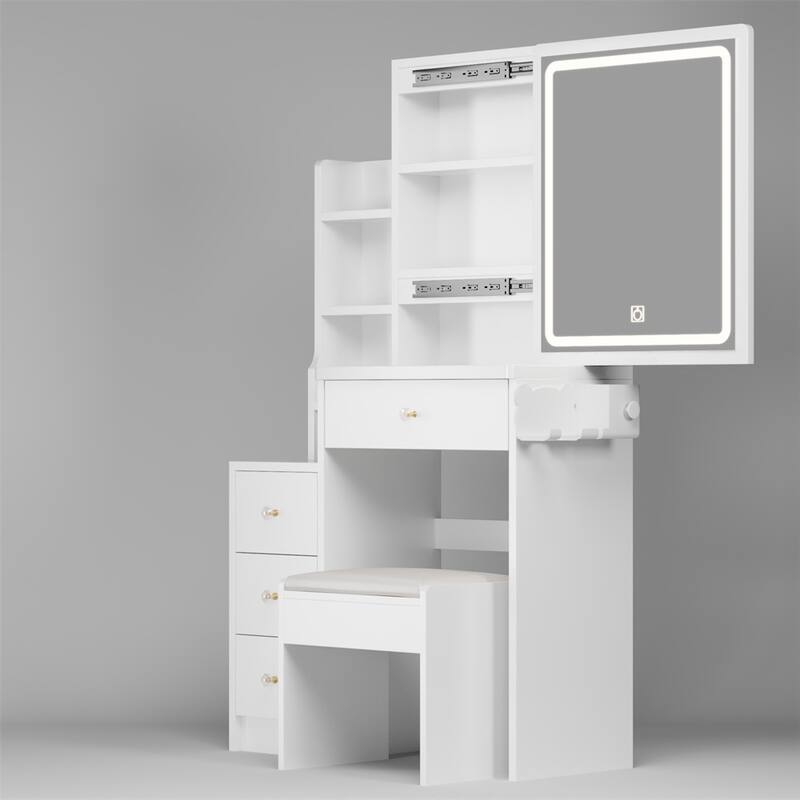 Vanity Table with Cushioned Stool,Adjustable Touch Control LED Mirror