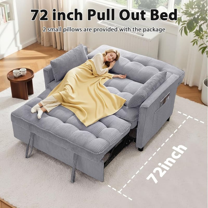 Sleeper Sofa Bed, 52" Convertible Pull Out Couch with Small Table,USB Port,Side Pockets,Corduroy Fabric,Adjustable Backrest