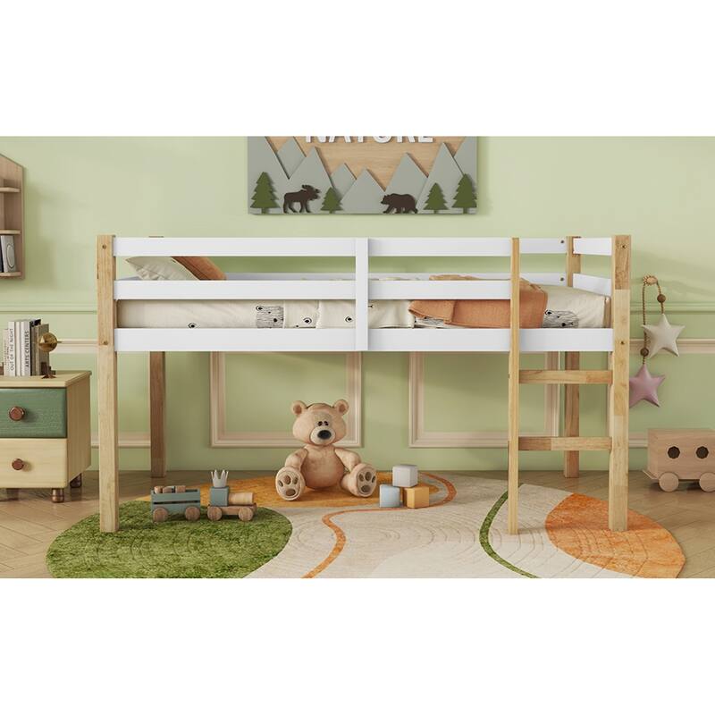 Roomfitters Full/Twin Rubber Wood Loft Bed with Ladder, Reinforced Slat Platform, Low Height Design, Espresso