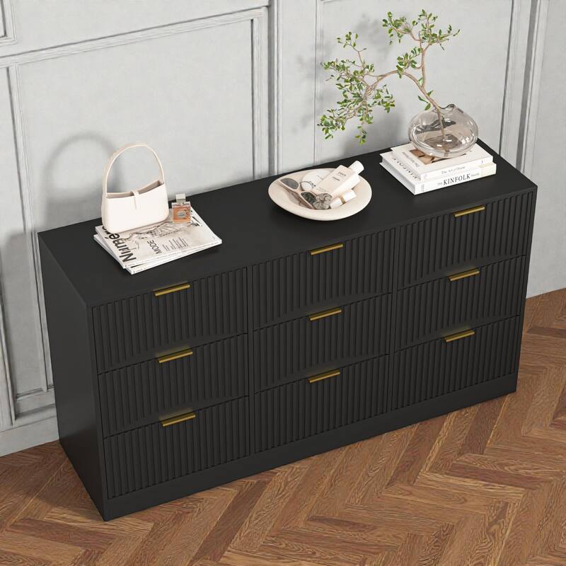 Modern 9 Drawer Dresser with Wavy Drawer Fronts, 63 Inch Wide Wooden Chest of Drawers for Bedroom Living Room