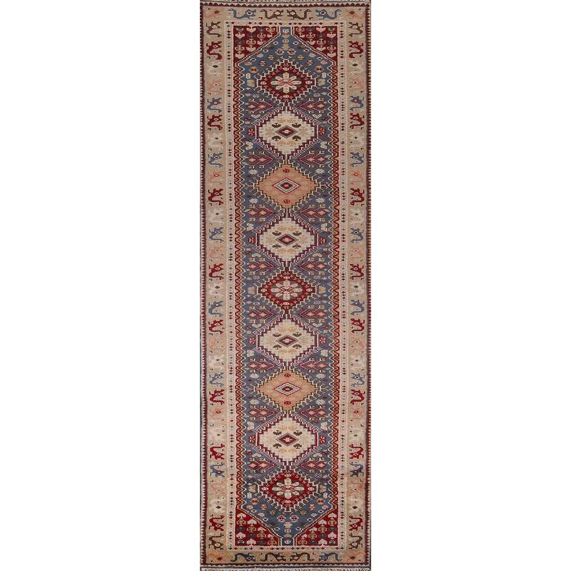 Blue Geometric Khotan Oriental Runner Rug Hand-Knotted Wool Carpet - 2'7"x 11'9"