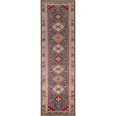 Blue Geometric Khotan Oriental Runner Rug Hand-Knotted Wool Carpet - 2'7"x 11'9"