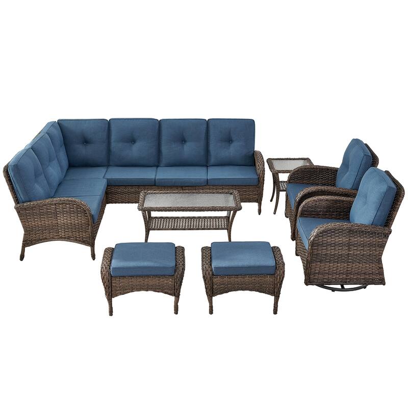 Patio Sectional Sofa with Swivel Chairs Ottomans Set