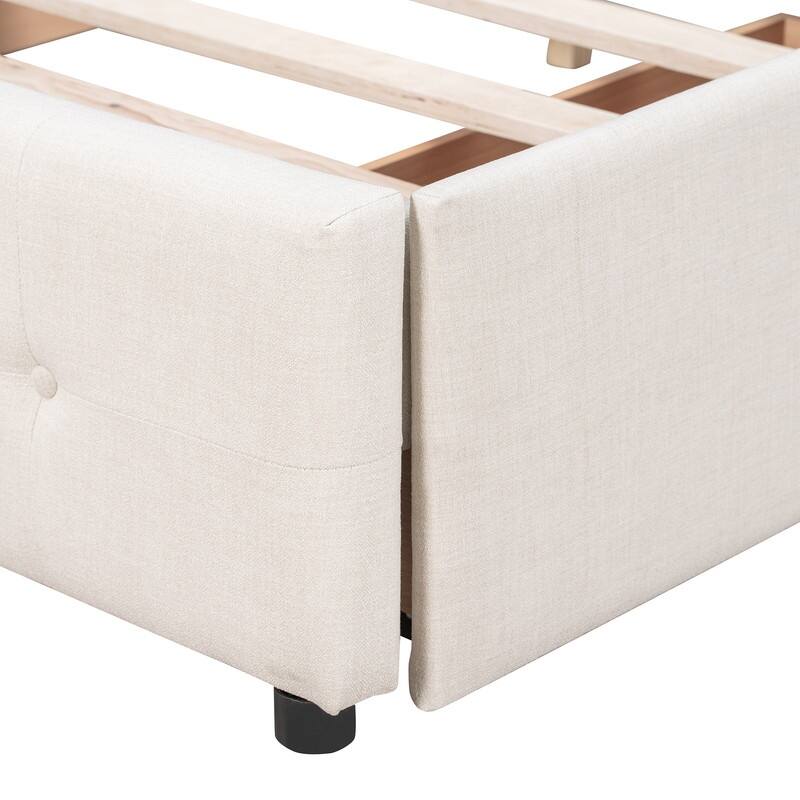 Queen Upholstered Bed Frame with 4 Drawers, Linen Fabric Platform Storage Bed with Classic Headboard and Wooden Slats Support