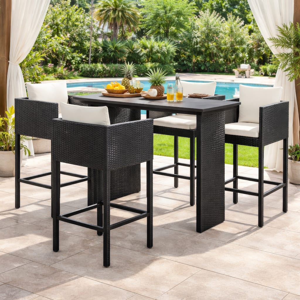 Outdoor Barstool Chair Set of 4, White Fabric Cushions, Black Rattan
