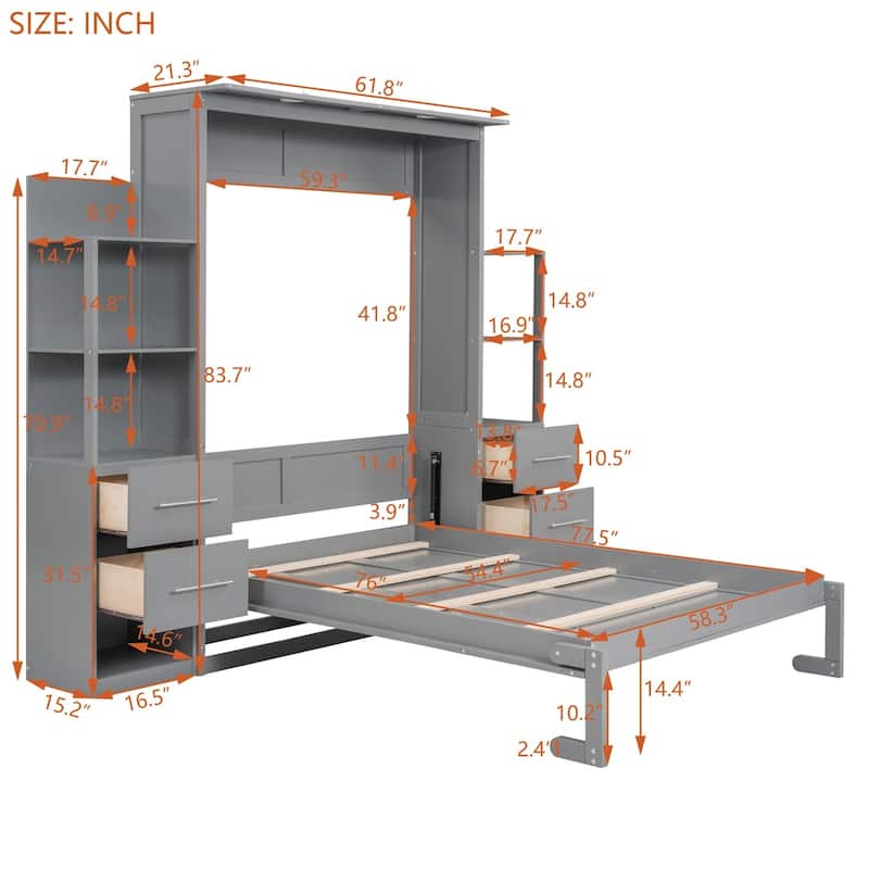 Merax Murphy Bed Wall Bed with Shelves, Drawers and LED Lights