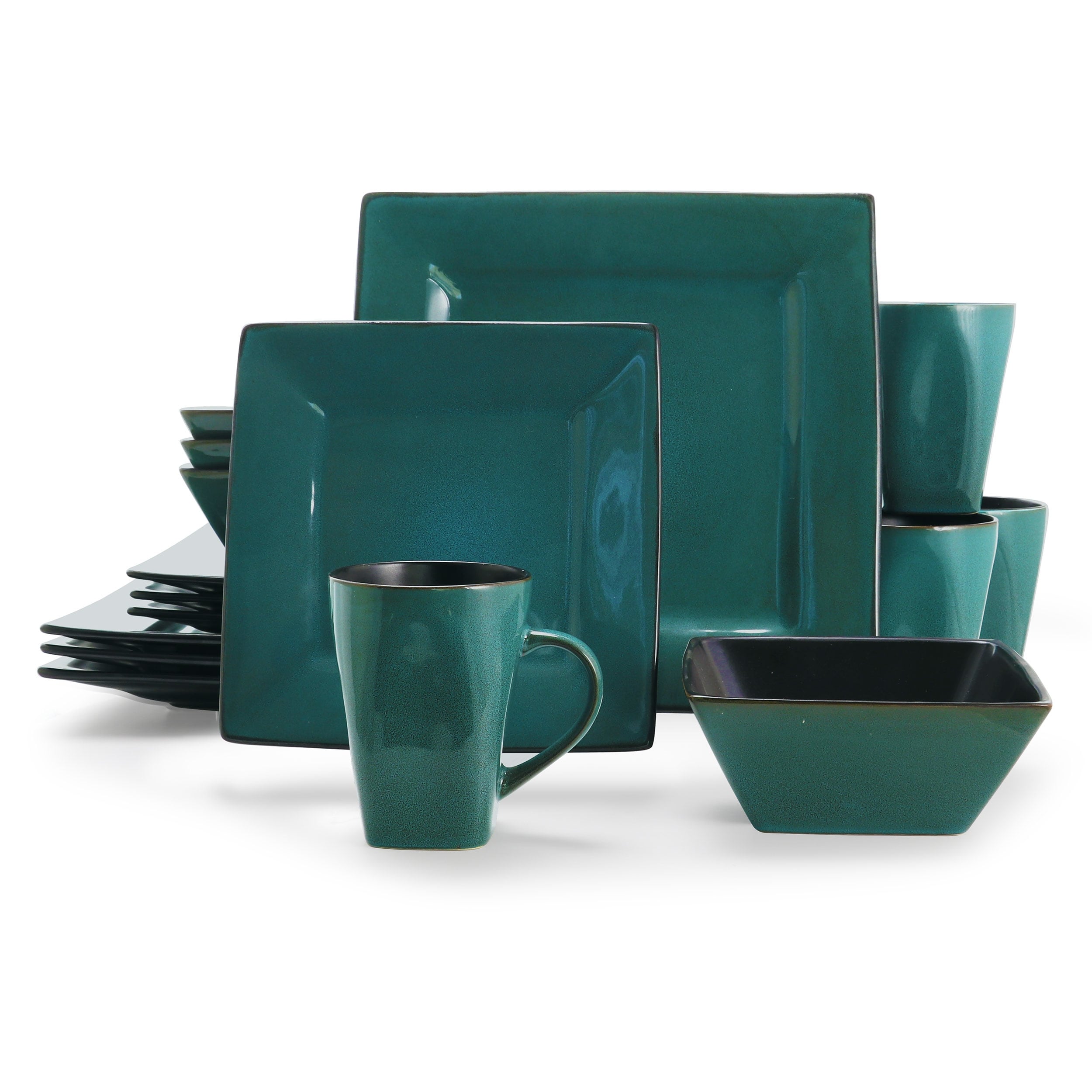 16 Piece Square Dinnerware Set in Dark Teal and Black