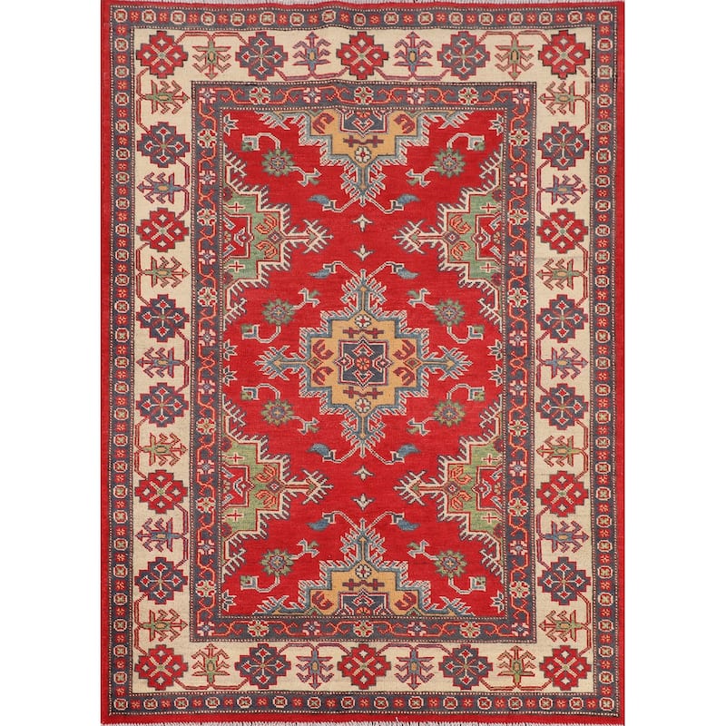 Kazak Oriental Area Rug Hand-Knotted Bedroom Red Wool Carpet - 4'2" x 6'0"