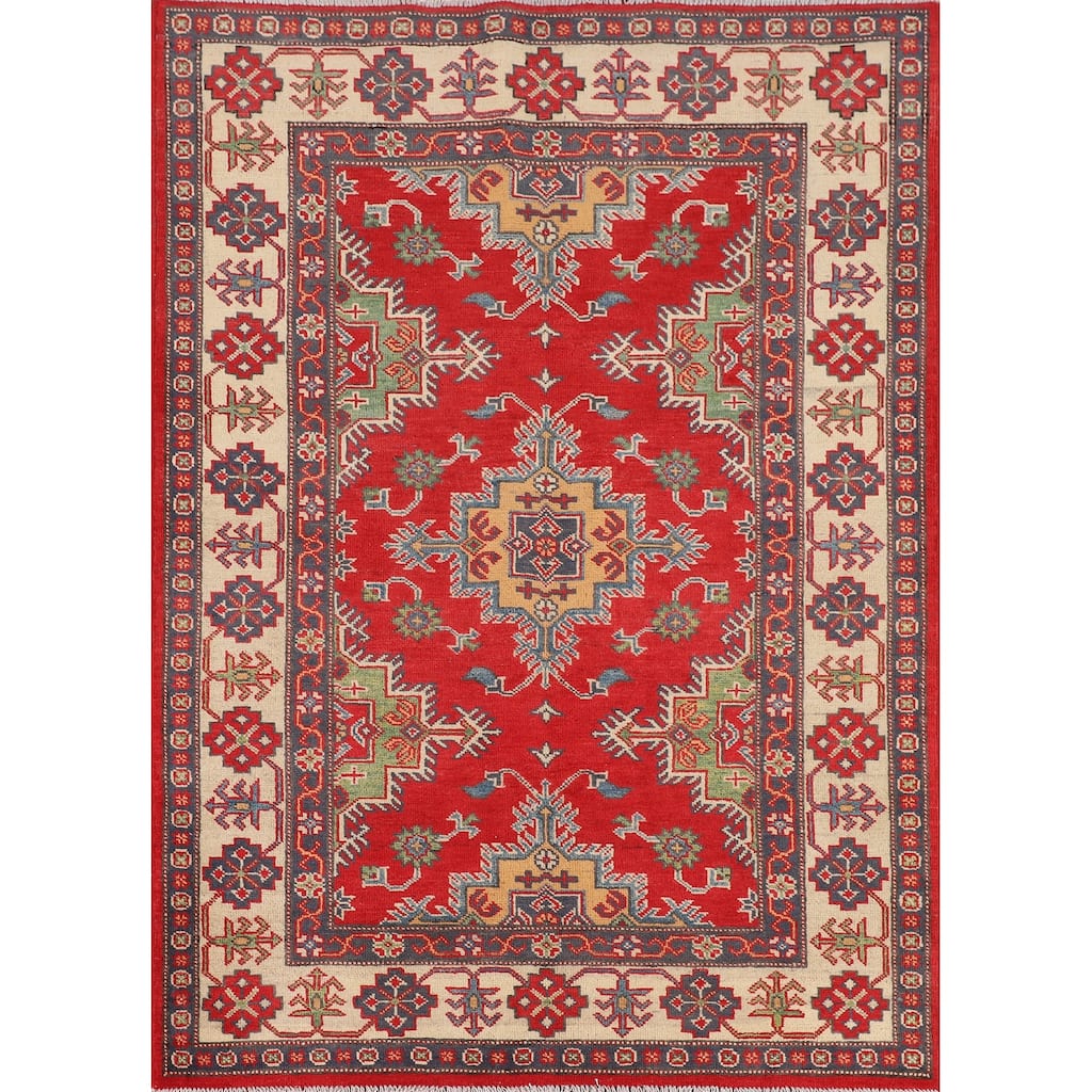 Kazak Oriental Area Rug Hand-Knotted Bedroom Red Wool Carpet - 4'2" x 6'0"