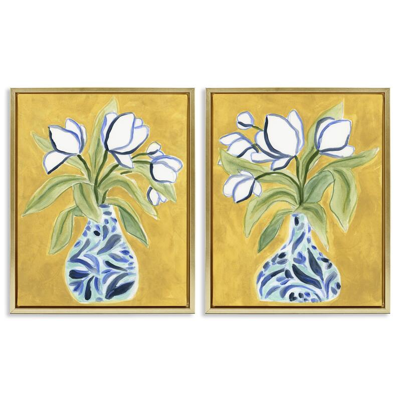 Stupell Tulip Vases on Yellow Framed Floater Canvas Wall Art Design By June Erica Vess (Set of 2) - 25 x 31 - Gold