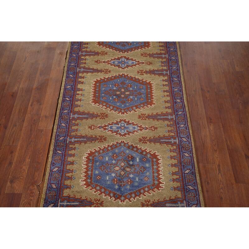 Geometric Green Viss Oriental Runner Rug Handmade Wool Carpet - 2'6"x 9'8"