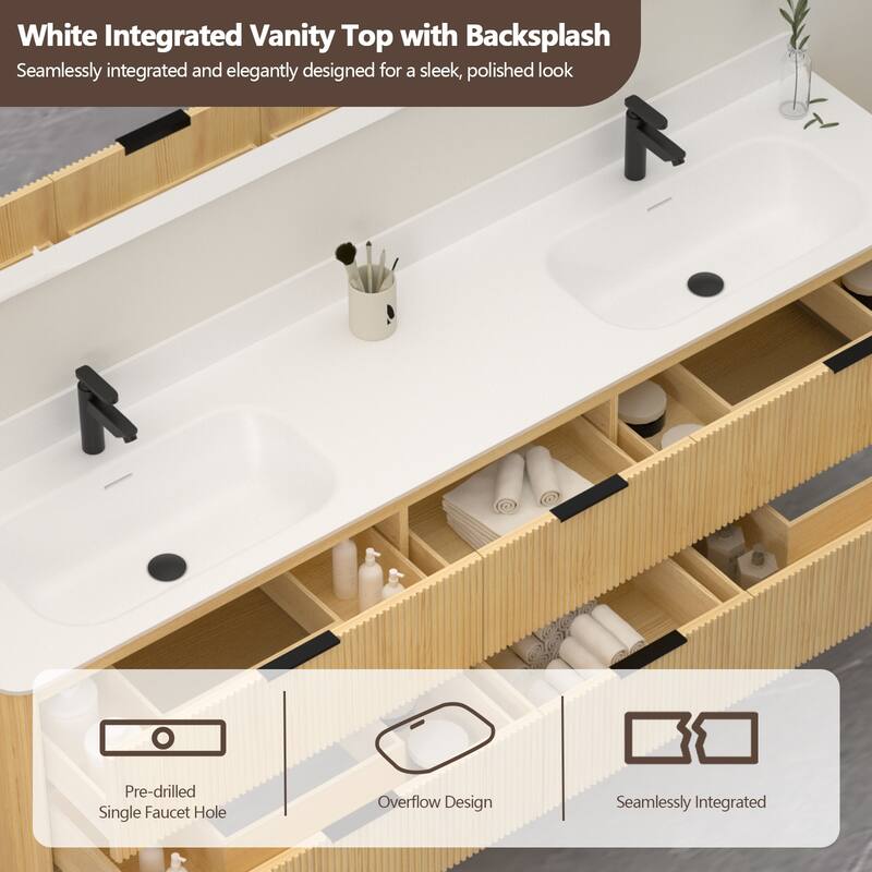 84" Floating Bathroom Vanity with Integrated countertop Rectangular Sink Solid Wood