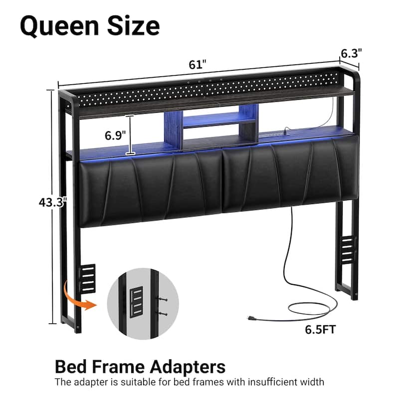 Upholstered Headboard with Pegboard and Charging Station, Storage Headboard Shelves and LED Light