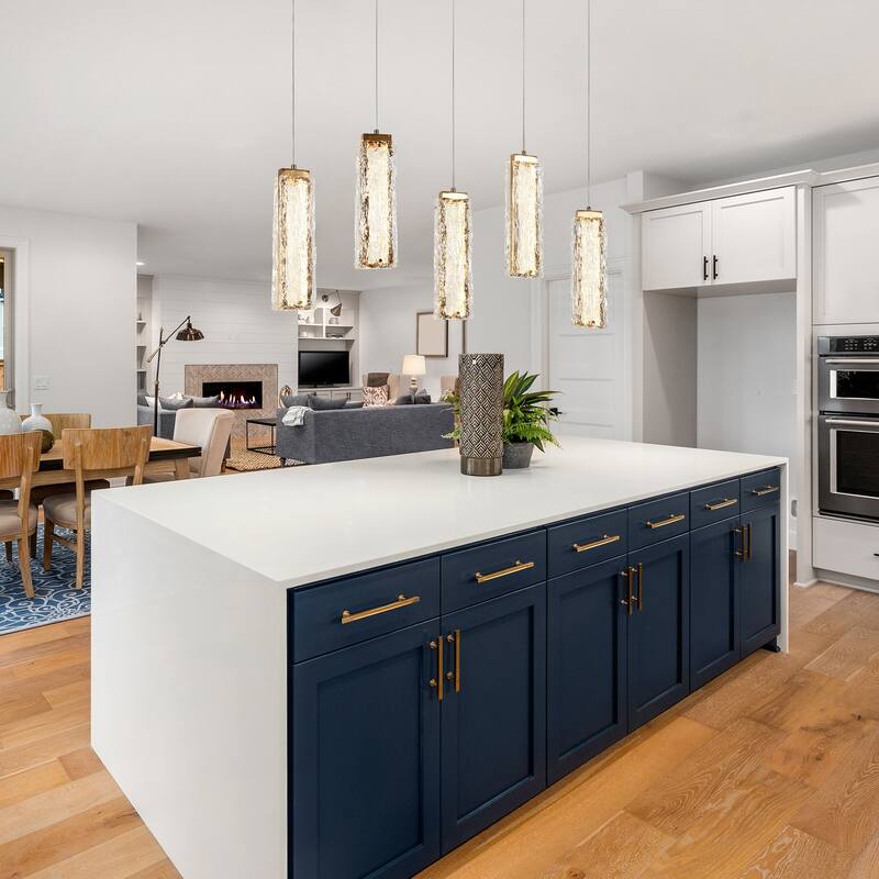 Modern Glam Gold 5-Light LED Chandelier Linear Textured Glass Pendant for Kitchen Island - W 39.3" x H 73.3"Max