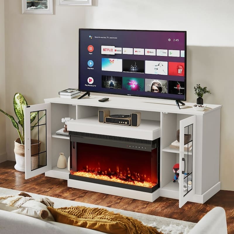 Erommy Entertainment Center with Adjustable Glass Shelves and Built-in Electric Fireplace - 70"