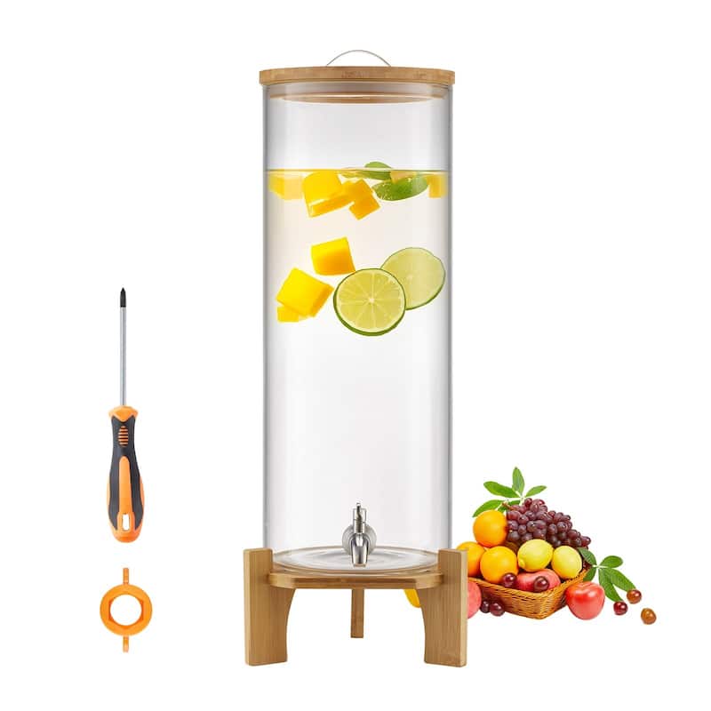 Transparent Borosilicate Glass Single Cylinder Beverage Dispenser 3.5 Gal with Wicker Stand - 9.06 x 9.06 x 26.77 in