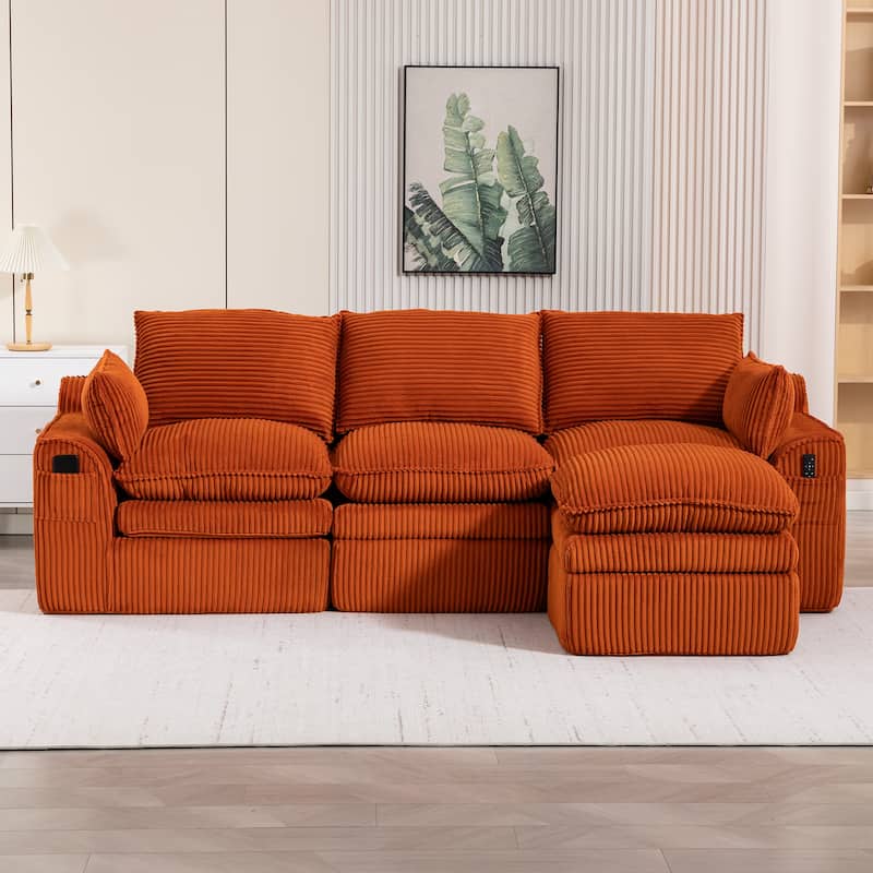 L Shaped Sectional Sofa Corduroy Upholstered Boneless Couches with Movable Footstool, With Three Pillows and Two Lumbar Pillows