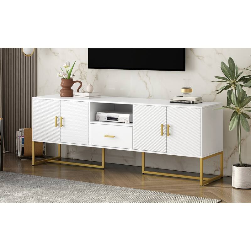 Roomfitters Modern TV Stand for up to 70 Inch TV, Media Cabinet with Drawer, Metal Legs and Safety Features, Black