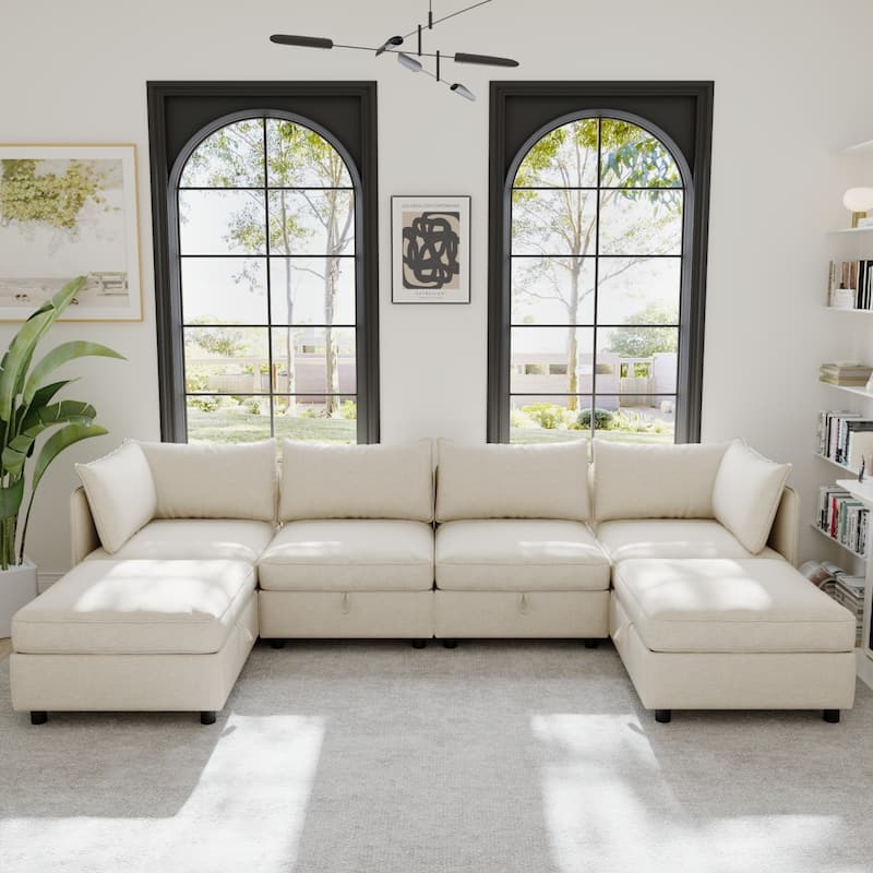 129" Chenille Sectional Sofa with Storage and Two Ottomans - Beige