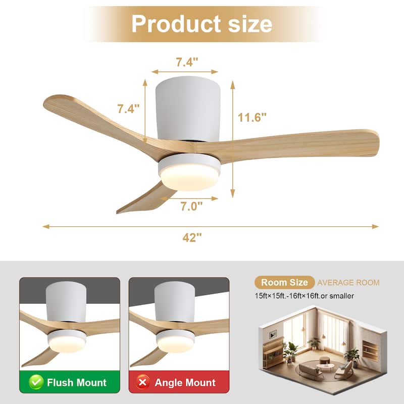 Sofucor 42" Low Profile Flush Mount Ceiling Fan with Lights Remote Control,with 3 Solid Wood Blades,Reversible,Dimmable