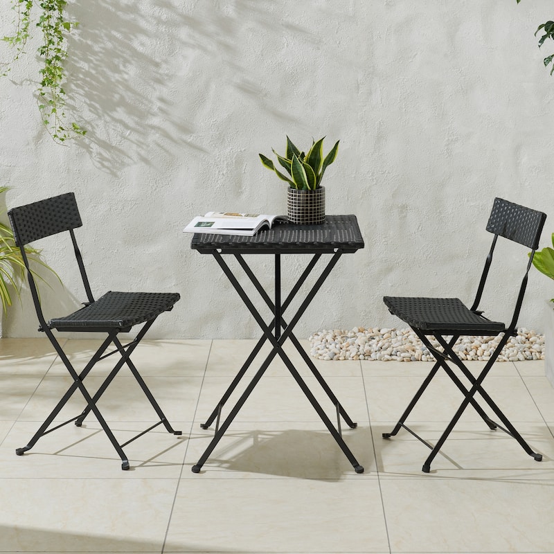 Lavish Home 3-Piece Folding Patio Bistro Set Rattan and Steel, Black