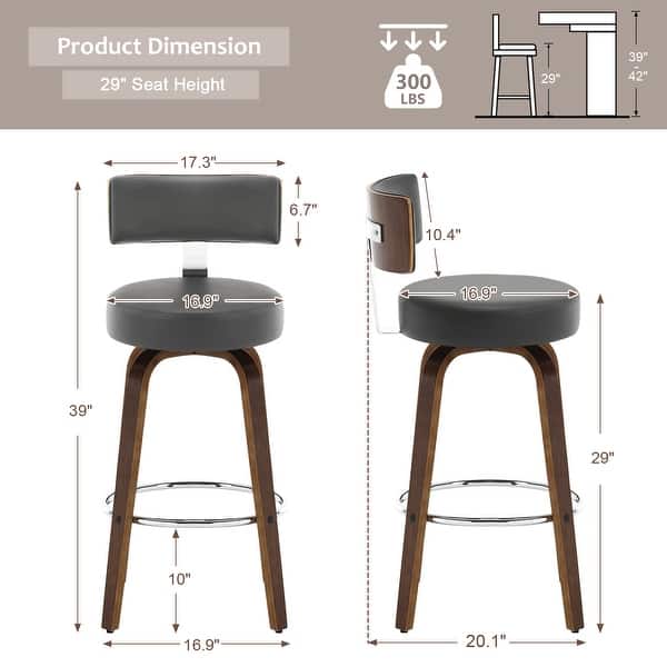 dimension image slide 6 of 9, Faux Leather Upholstered Swivel Counter/ Bar Stools Set of 1/2/4