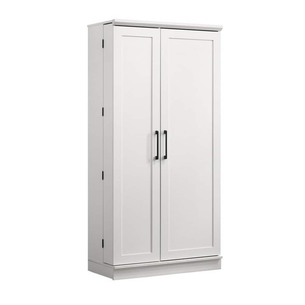 Coe 71 Inch Storage Cabinet Wardrobe with Swing Out Door, White Solid Wood