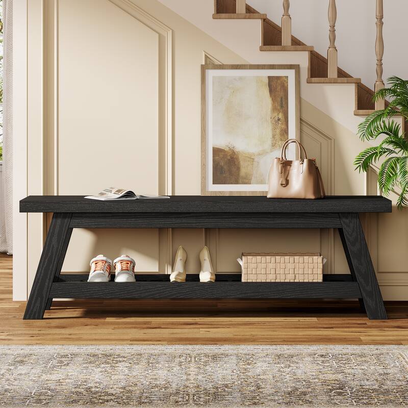 2-Tier Entryway Shoe Bench with Storage, 55-Inch Long Wood Storage Bench for Living Room, Bedrooms