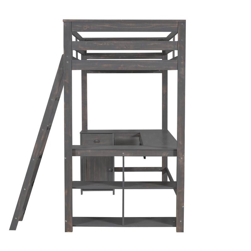 Solid Wood Loft Bed with Bulit-in U-Shaped Desk, 2 Drawers and Cabinet, Twin/Full Size Loft Bedframe w/ Storage Shelves & Ladder