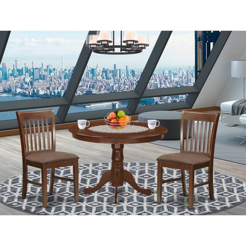East West Furniture 3 Piece Dining Table Set- a Round Dining Table with Pedestal and 2 Chairs, Mahogany(Seat Type Options) - HLNO3-MAH-C