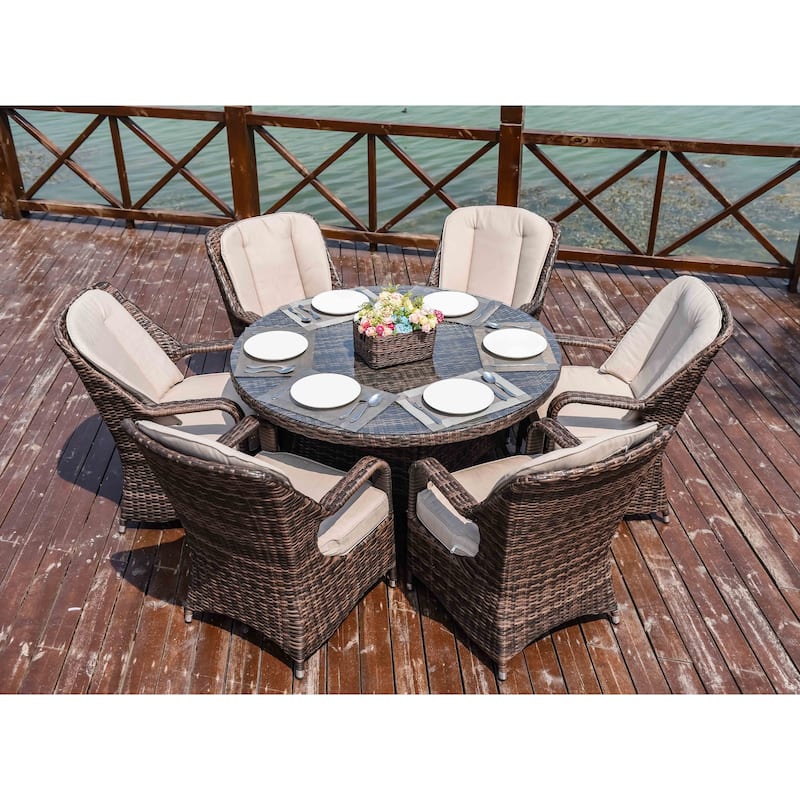 7 Pieces Outdoor Rattan Wicker Patio Round Dining Set with Cushions by Moda Furnishings