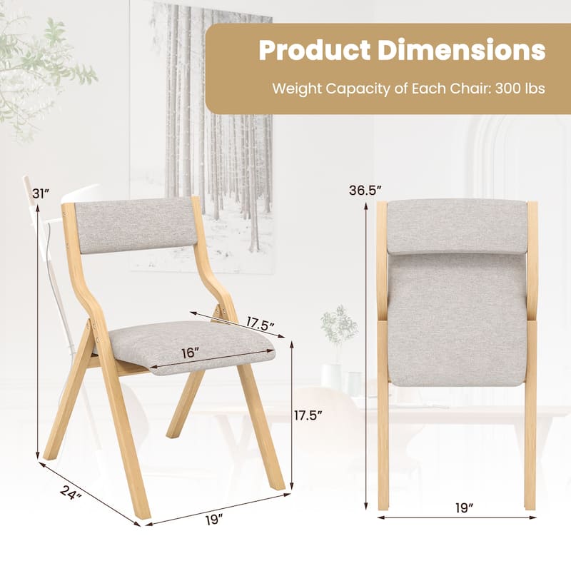 Set of 2 Wooden Folding Dining Chair with Linen Fabric Padded Seat and Backrest - 19" x 24" x 31" (L x W x H)